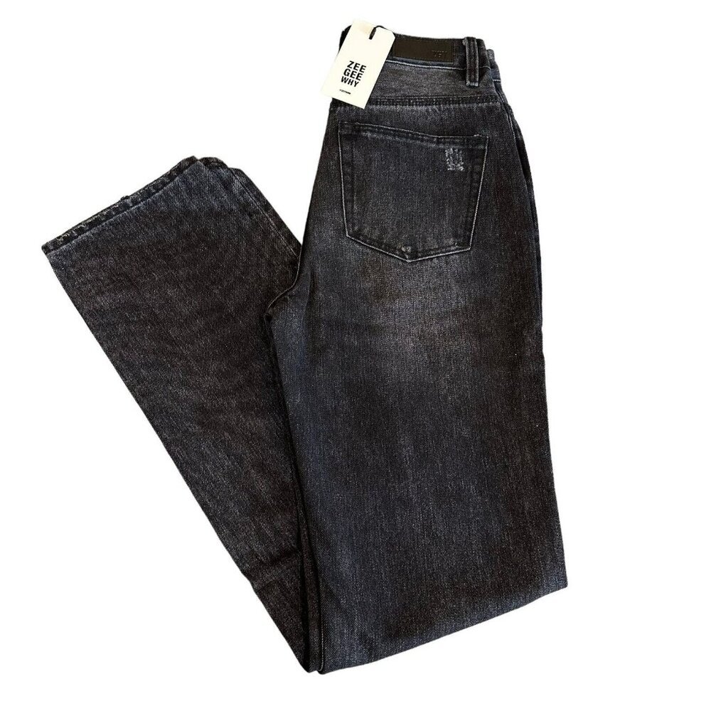 ZGY Denim Size 24 Straight Up Hi Rise Relaxed Straight Jeans Black Distressed - Picture 5 of 7